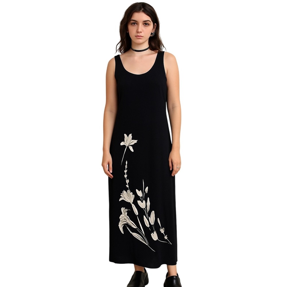 VTG LAURA ASHLEY 90s Black Floral Maxi Dress Sleeveless Minimalist Slip Y2K S/M